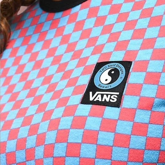 Vans x T&C Surf Designs Ringer Pink & Blue  Checkered Fitted Tee, Size XS - Picture 3 of 9